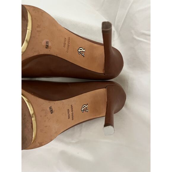Italian made Vero Cuoio brown soft leather signature open toe heels, 9.5M Dressy - Picture 8 of 8